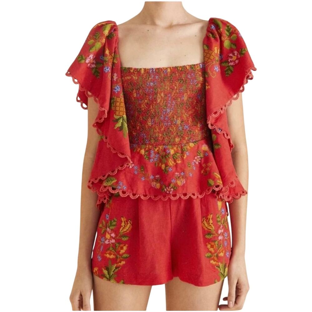 FARM Rio Women’s Red Floral Embroidered Flutter Sleeve Romper Size XL
